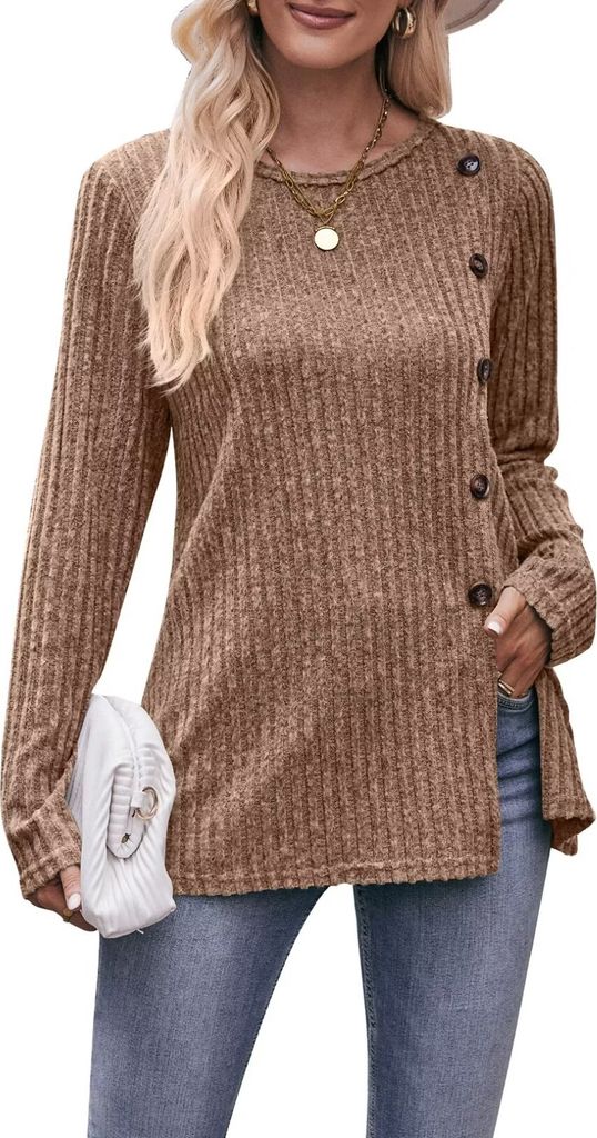 ASKSA DDamen Langarm Einfarbig Rundhals Streifen Tuniken Knoepfe Rippstrick Casual Vorne Schlitz Tops Pullover, Khaki, M