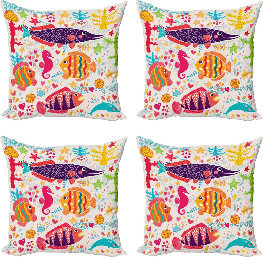 ABAKUHAUS Meerestiere Kissenbezug Set (4 Stück), Cartoon Unterwasserfische, Moderner Doppelseitiger Digitaldruck, 40 cm x 40 cm, Mehrfarbig