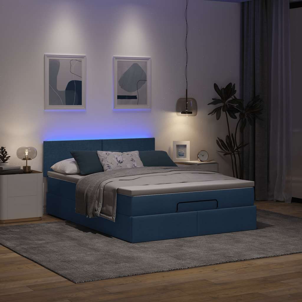 Design Ottoman-Bett mit Matratze & LEDs Blau 140x200 cm Stoff, Klassische Betten Neu