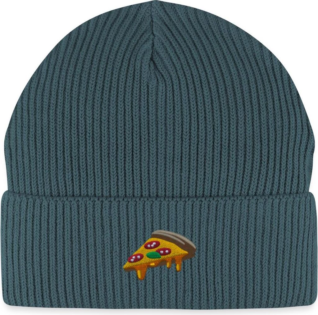 Spreadshirt Ein Stück Pizza Stickerei Fisherman Beanie Bio Mütze, One size, Dunkles Petrol