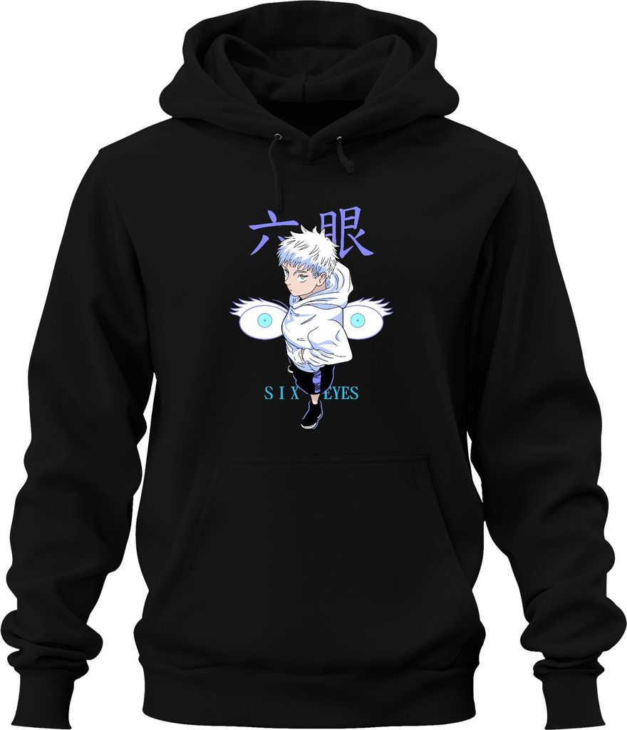 SIX EYES Anime Ästhetik Junge weiße Haare Manga Otaku Geschenk Uni Hoodie Kapuzenpullover, Schwarz, XXL
