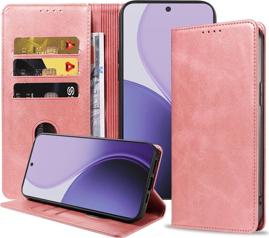 Geeignet für Oppo Reno 14 Pro Handytasche Kunstleder mit Magnetverschluss und Kartenhalter Bookcase mit Klappe - Wallet Case mit Kartenfach - Pink...
