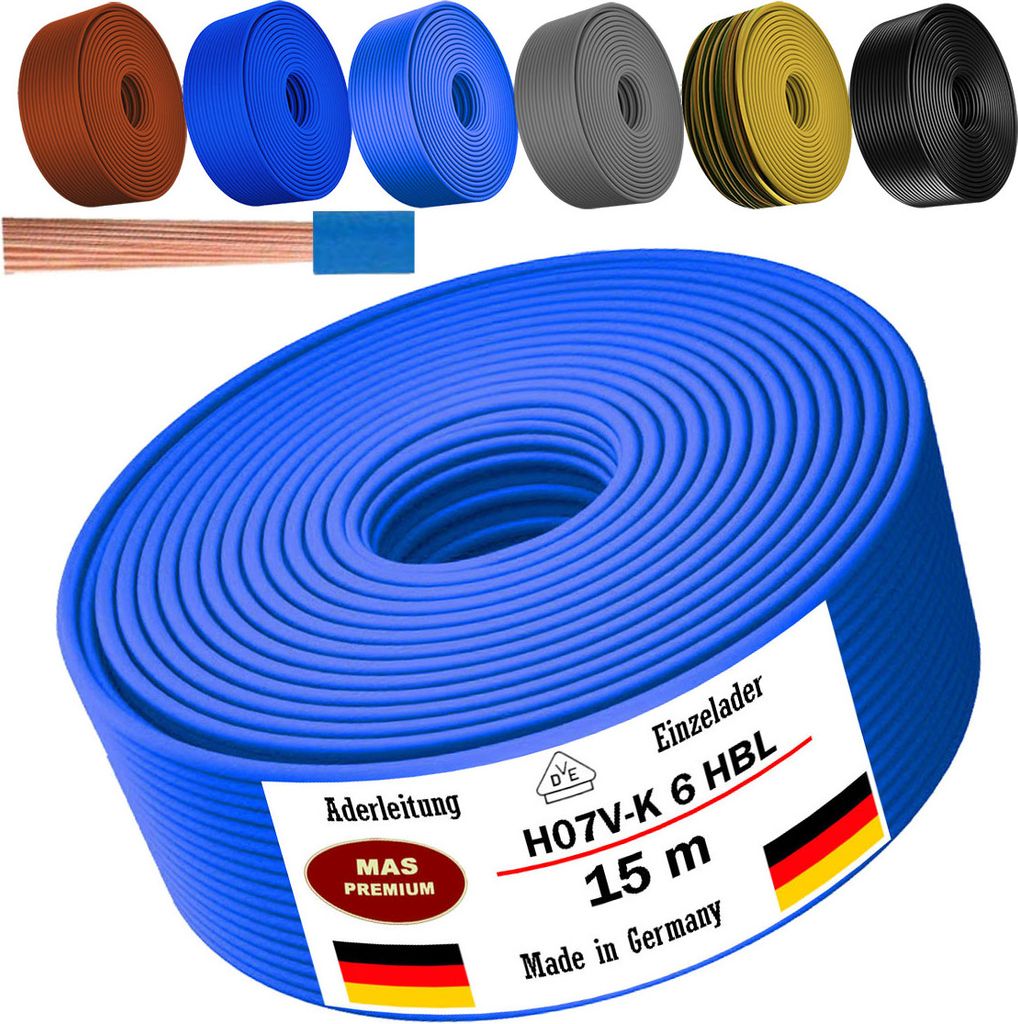15m Aderleitung H07 V-K HBL 1x6 mm² Hellblau Einzelader flexibel