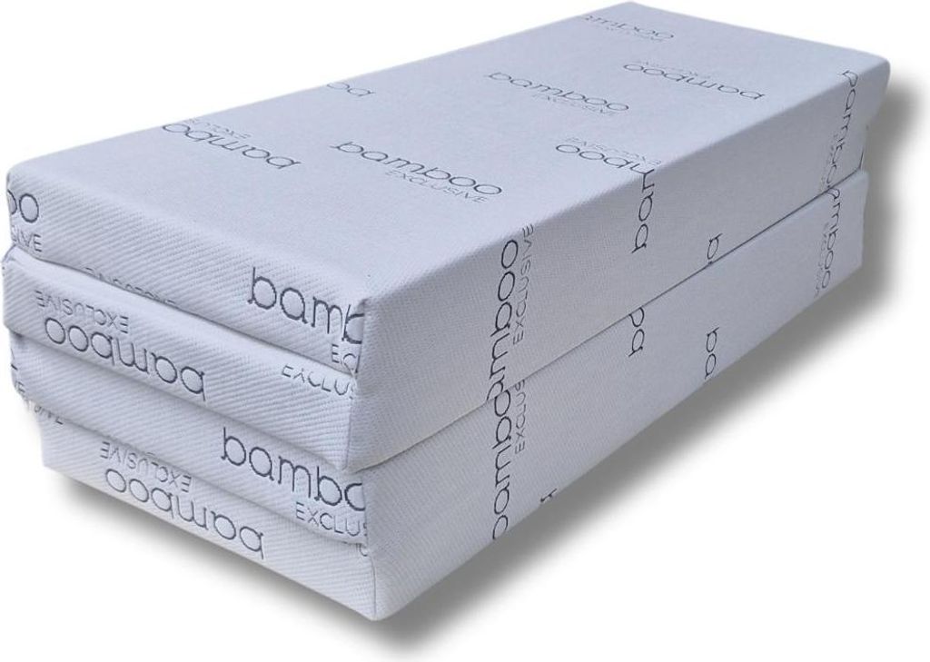 A stack of folded mattresses with a bamboo-exclusive pattern.
