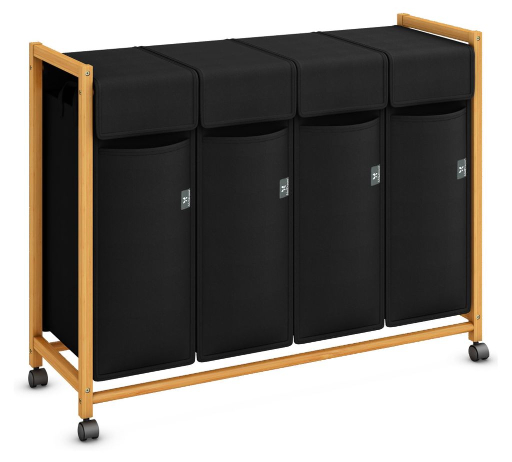 AdelDream Wäschekorb Kleidersortierer, auf Rollen 4 Fächer Wäschewagen mit abnehmbaren Taschen Kleidersammler Bambus 200L Schwarz