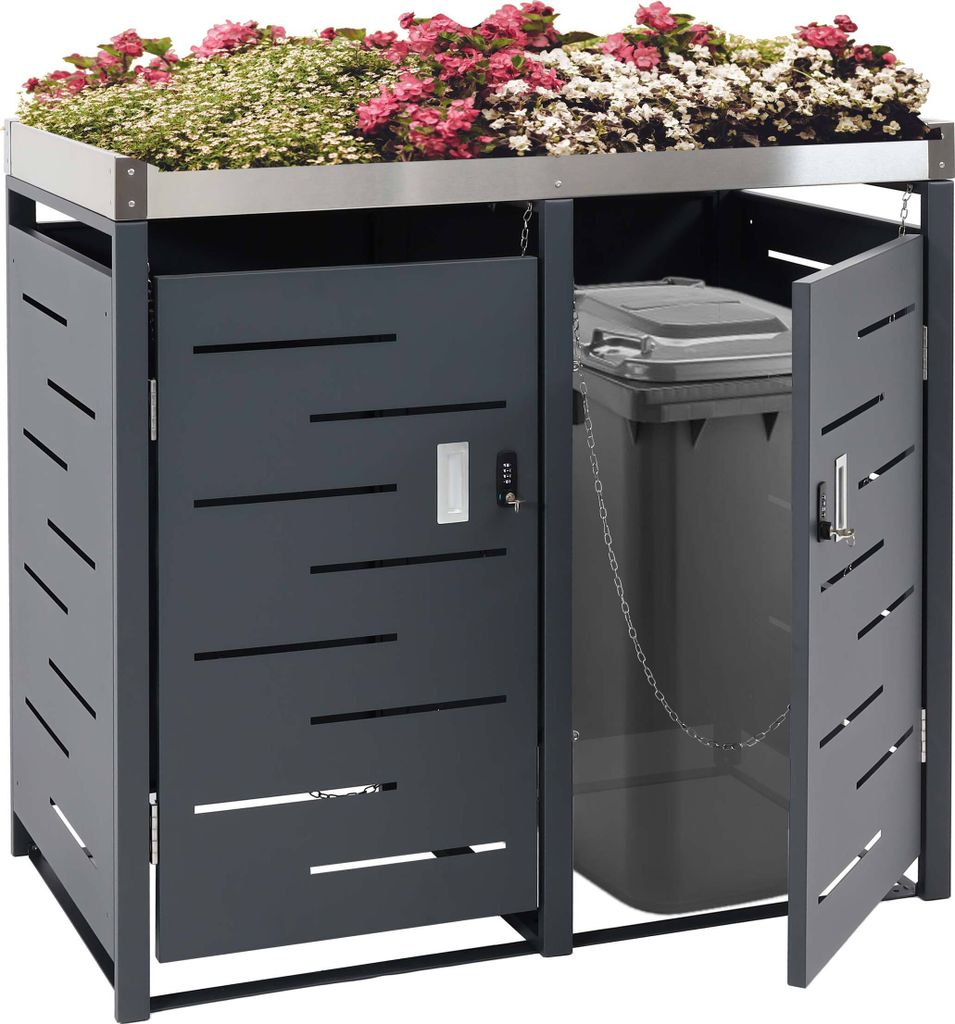 2er-Mülltonnenverkleidung MCW-H40b, Mülltonnenbox, Pflanzkasten Edelstahl-Metall-Kombi 39kg 110x115x62cm erweiterbar