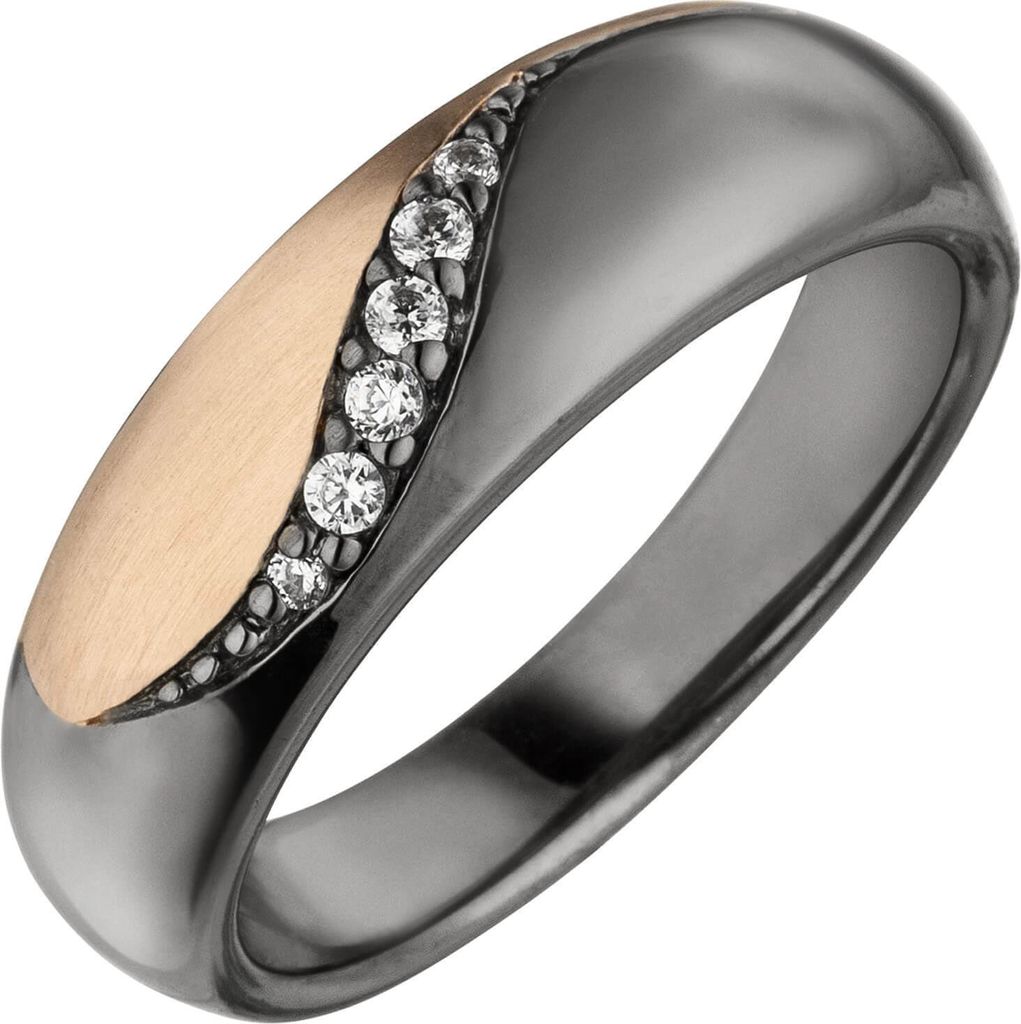 Damenring Ring mit 6 Zirkonia weiß, 925 Silber schwarz rhodiniert Fingerring Innenumfang 60mm Ø19.1mm