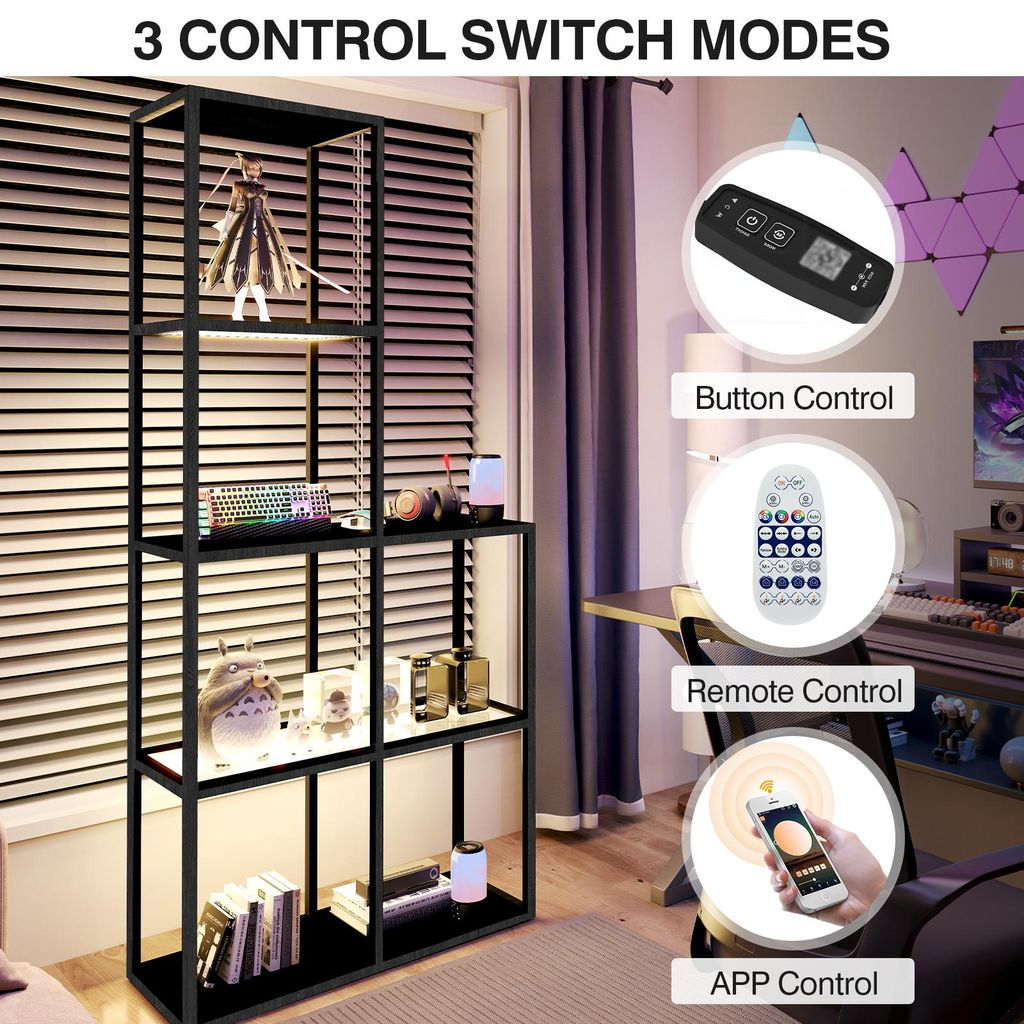 Glasvitrine Vitrine mit Dimmbar LED Beleuchtung Einstellbare Farbtemperaturen Helligkeit Glas Bücherregal Wohnzimmer Büro Schlafzimmer (78x30x168cm)