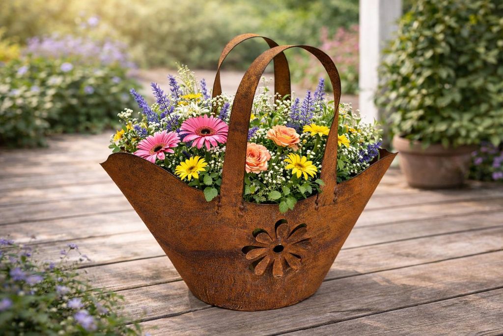 Tasche mit Blüte zum Bepflanzen Windlicht Beetdeko Metall Produktbild 