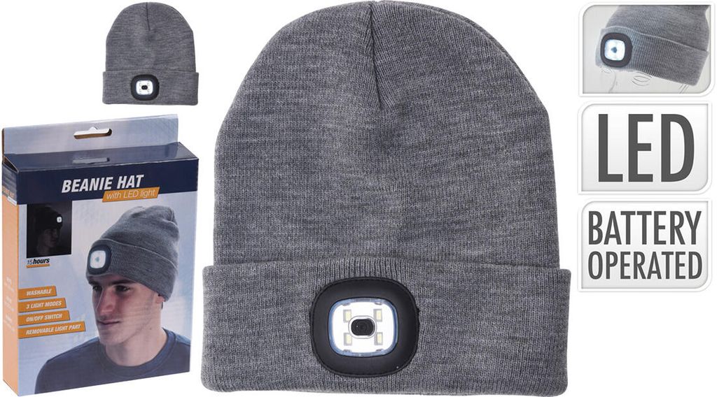 Graue gestrickte Wintermütze mit 4 LED-Licht, 3 Lichtmodi, Produktbild 