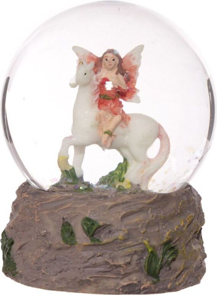 Glitzerkugel Elfe auf Einhorn, gelbe Blumen, Schneekugel Figur Schneekugeln Fee Fairy Märchen