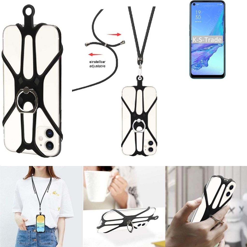 K-S-Trade 3in1 Handykette Handyband Handykordel Halsband Smartphone-Ring Handy-Ring kompatibel mit Oppo A33 Fingerhalterung Handyring Tischständer