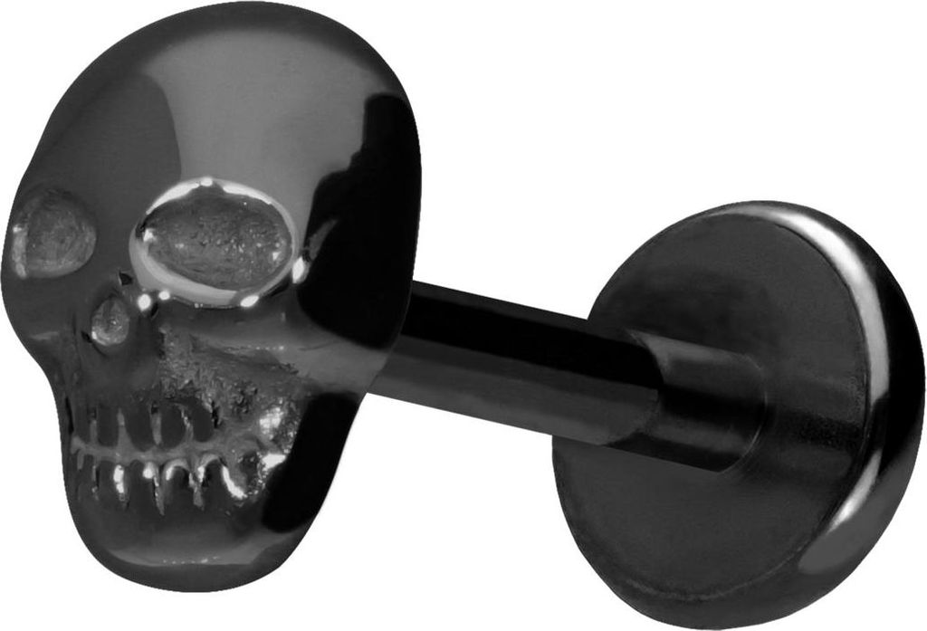 Ohrpiercing, Nasenpiercing Titan Labret mit Push Fit TOTENKOPF Schwarz Stablänge: 10mm | Stabstärke: 1mm