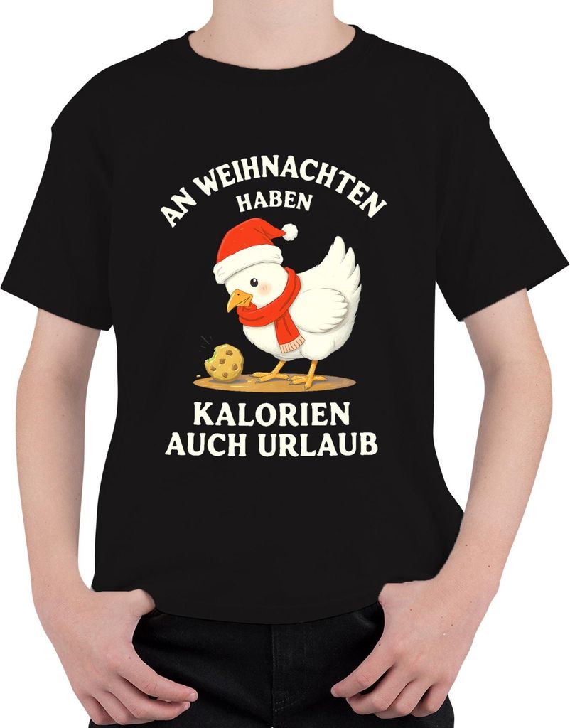 Weihnachten Geschenk Kalorien haben Urlaub Huhn Keks lustig Uni Kinder T-Shirt, Schwarz, 116