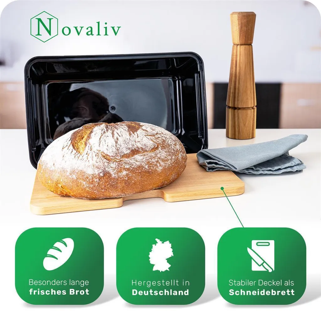 Novaliv 2x cassetta del pane con coperchio 32x20x16,5 cm cassetta del pane per la conservazione del pane cassetta del pane in legno per mantenere il pane fresco 7,3L cassetta del pane nera cassetta del pane per la conservazione del pane cassetta con coperchio in legno - 4