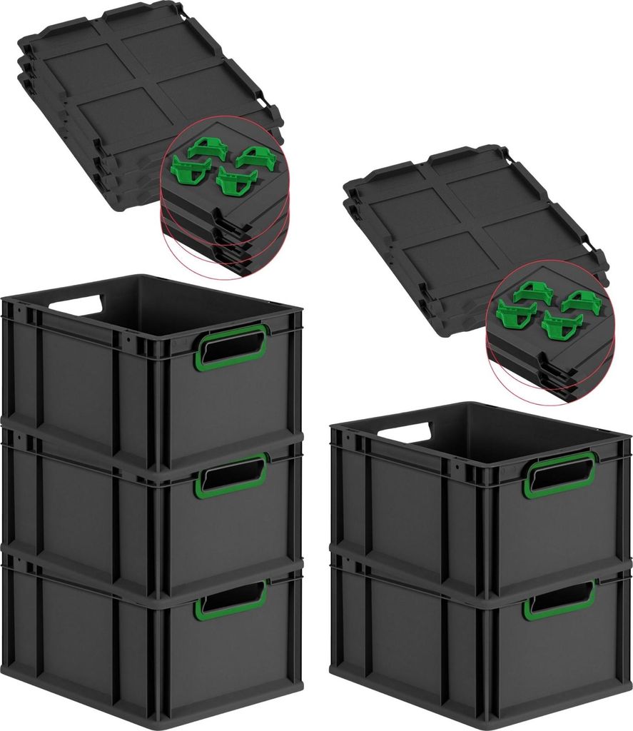 SparSet 5x Eurobox NextGen Color mit Auflagedeckel und Schiebeschnappverschlüsse | HxBxT 22x30x40cm | 20 Liter | Schwarz | Griffe grün offen | Eu...