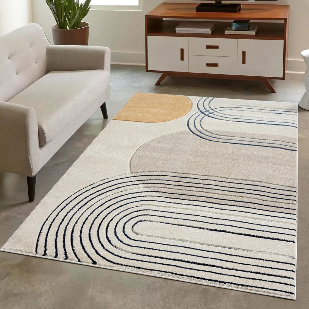 Teppich Kurzflor Beige - 160x230 cm - Moderne Wohnzimmer-Teppiche Geo-Muster mit 3D-Optik