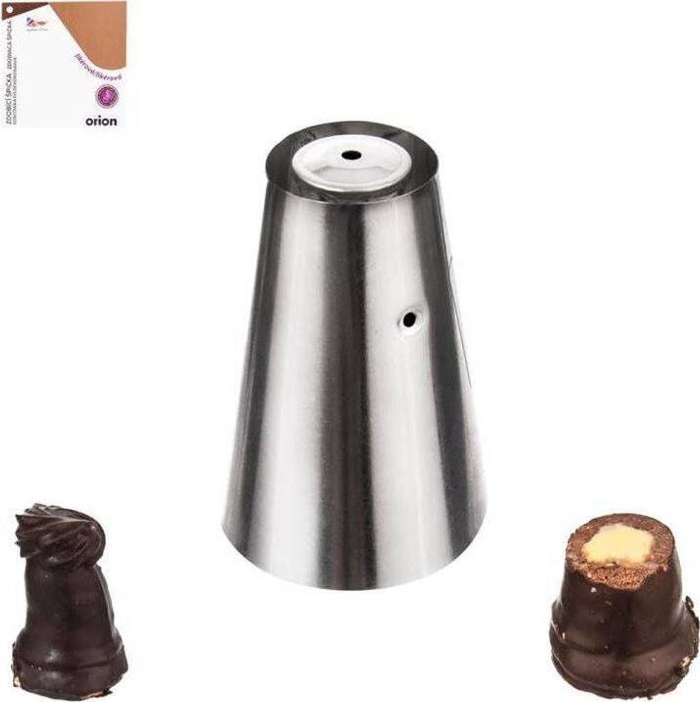 A baking nozzle and two chocolates are displayed against a white background.