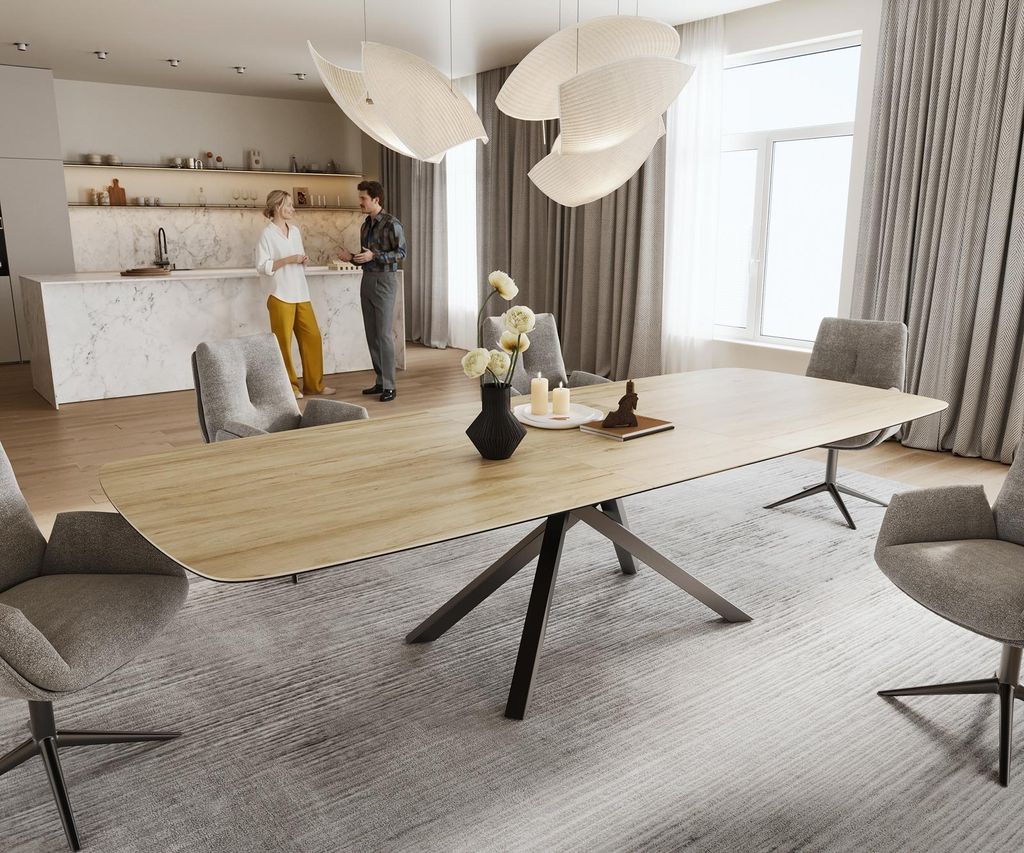 DELIFE Esstisch Edge Boot 240-300x120 cm Keramik Laminam Sabbia Eichefarbig Kreuzgestell Rechteck Edelstahl Graphit ausziehbar