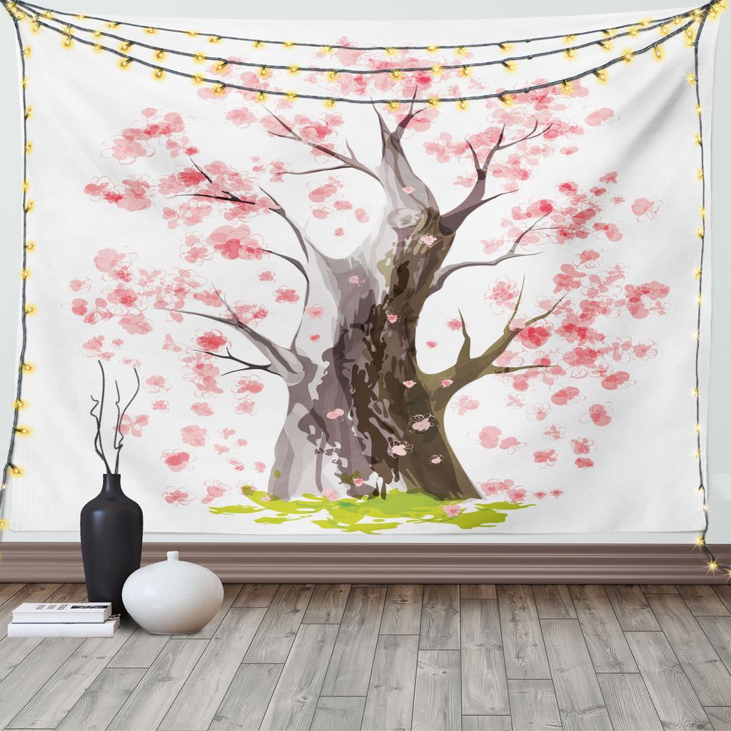 ABAKUHAUS Baum Wandteppich, Alte blühende Sakura, Wohnzimmer Schlafzimmer Heim Seidiges Satin Wandteppich, 200 x 150 cm, Schwarz Grün Rosa