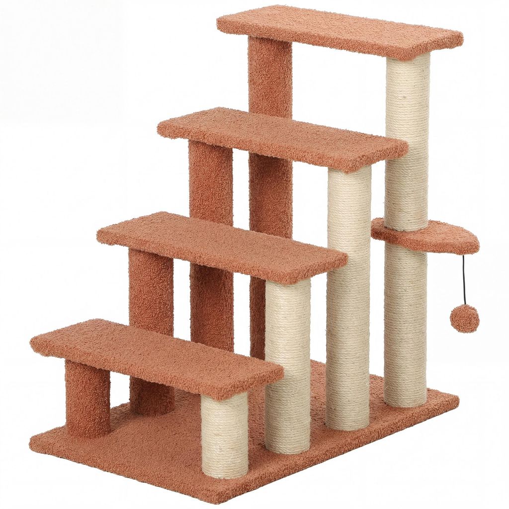 Haustiertreppe, Kratzbaum, 4-stufig, für Tiere bis 5 kg, 60x40x64cm, Braun