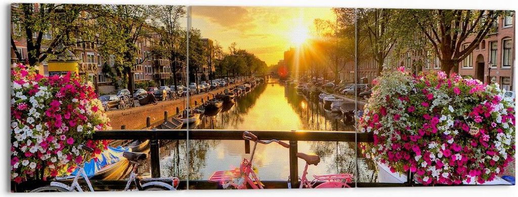 Bild auf Leinwand - Leinwandbild - Bikes Kanal Amsterdam Architektur - 150x50cm - Wand Bild - Wanddeko - Leinwanddruck - Bilder - Kunstdruck - Lein...