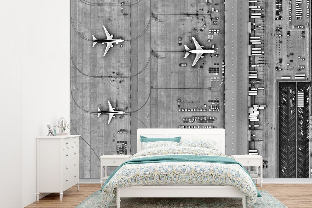 MuchoWow Fototapete für Wohnzimmer oder Schlafzimmer Wandtapete Vinyl Motivtapete Flughafen von oben - schwarz und weiß - 305x220 cm - Wandbilder