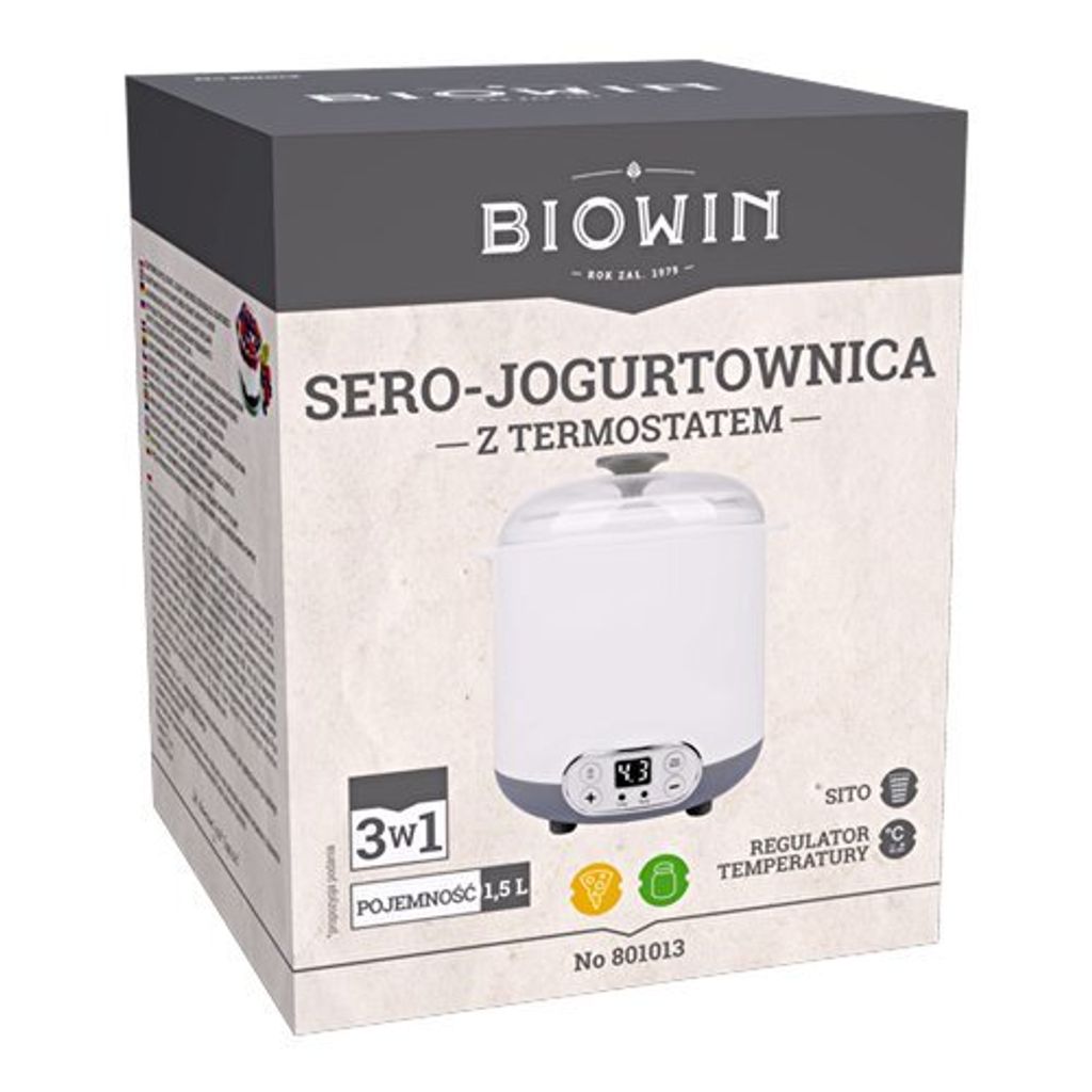 The image shows the packaging of a yogurt maker.