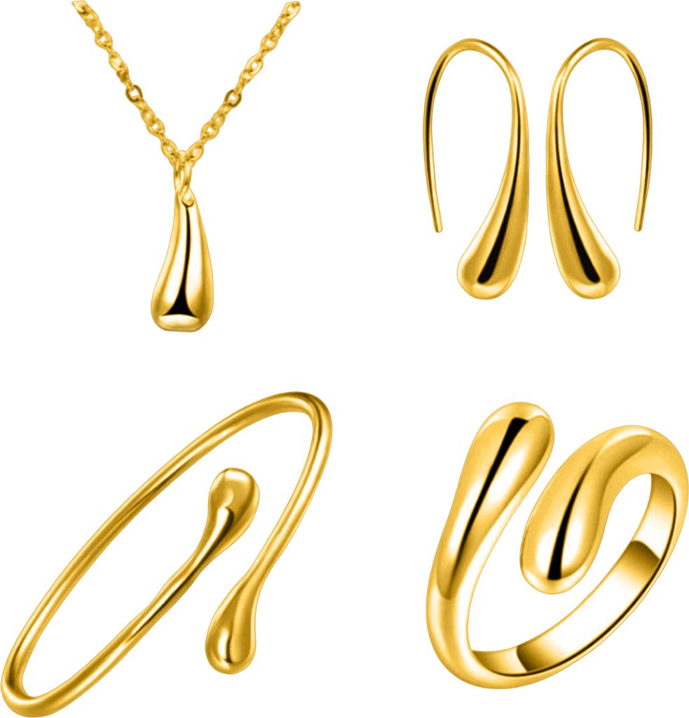 4 Teile/satz Frauen Schmuck Set Wasser Tropfen Form Poliert Metall Einstellbare Offene Design Ohrringe Halskette Armreif Ring Set Dame Täglichen S...