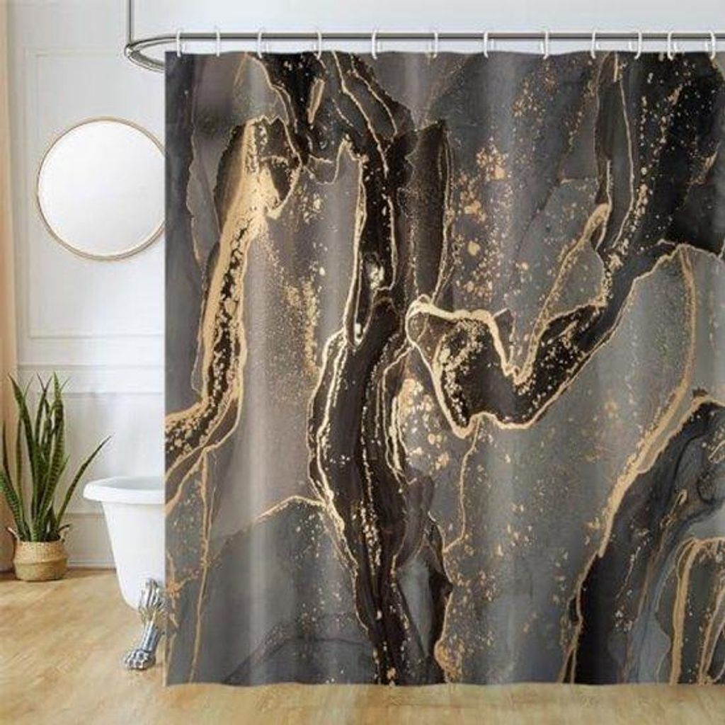 Badezimmergordine mit gelbem Marmoreffekt - Wassertolerante, schimmelfreie, waschbare Polyesterbadezimmergordine, 180 x 200 cm