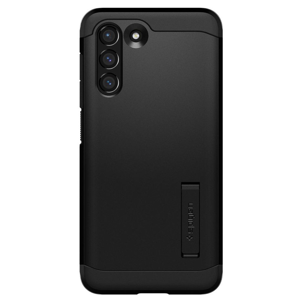 A black phone case with a camera cutout and a kickstand is shown against a white background.