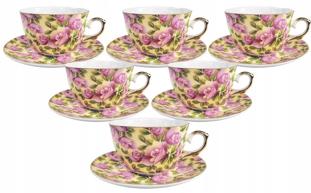 Tassen Set Porzellan 6 Personen Rosen Muster Goldrand Bone China Teetassen mit Untertassen Geschenkbox