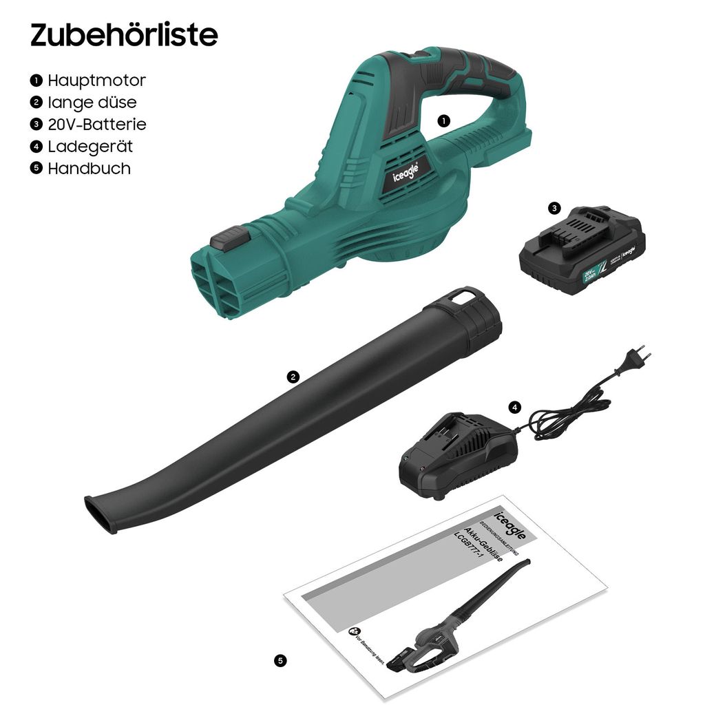Akku-Laubbläser 21V Mit 2 Akkus - 3 Geschwindigkeiten & 3 Düsen Bis 2000 U/min