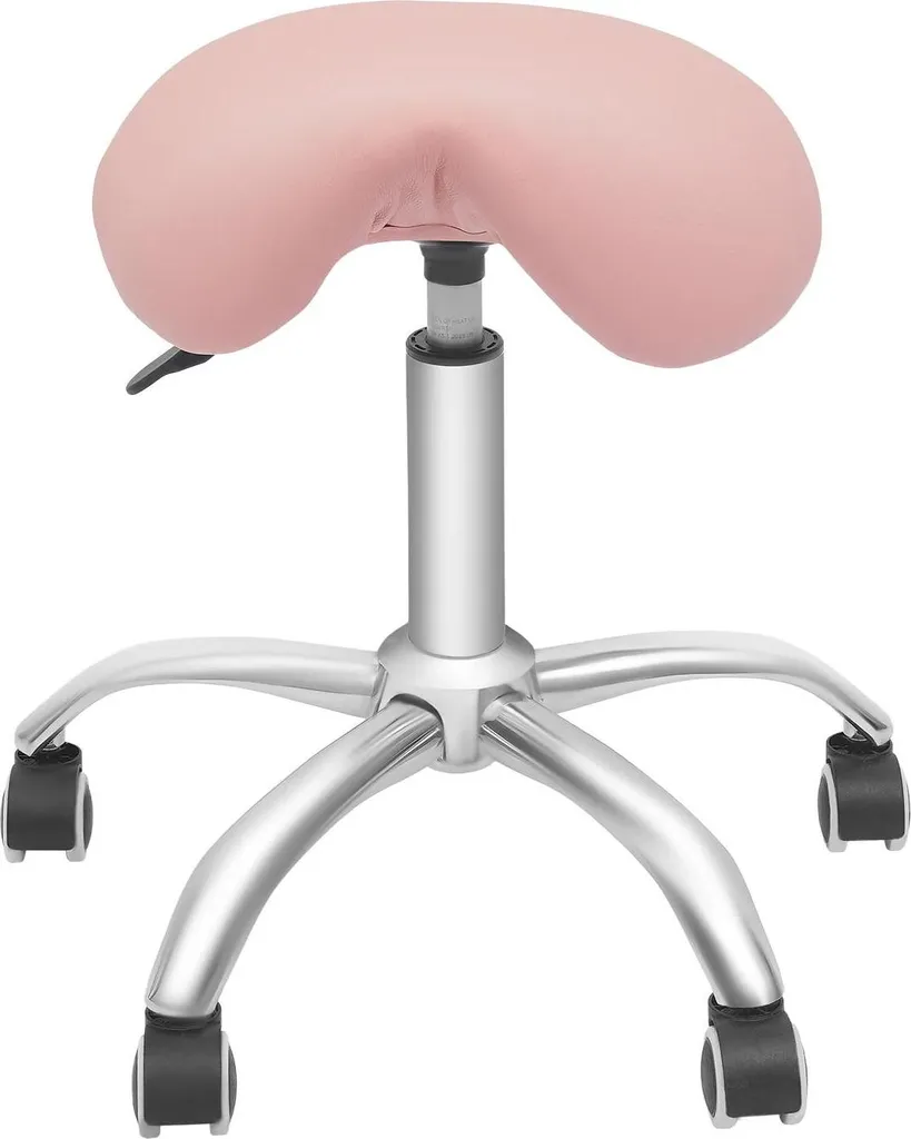 Siège de bureau ergonomique à selle rose avec roulettes pivotantes 360°