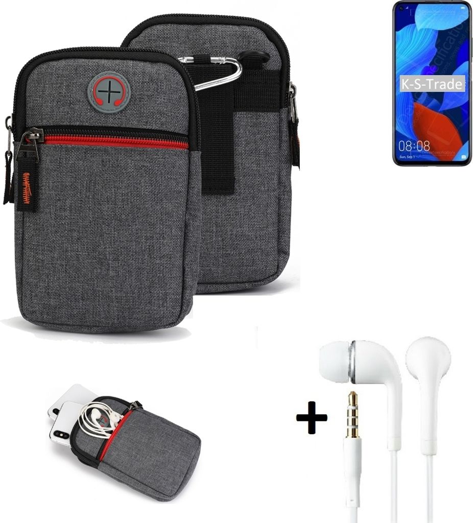 K-S-Trade Gürteltaasche + Kopfhörer kompatibel mit Huawei nova 5T Handy Tasche Holster Schutz Hülle Handy Hülle grau Zusatzfächer 1x