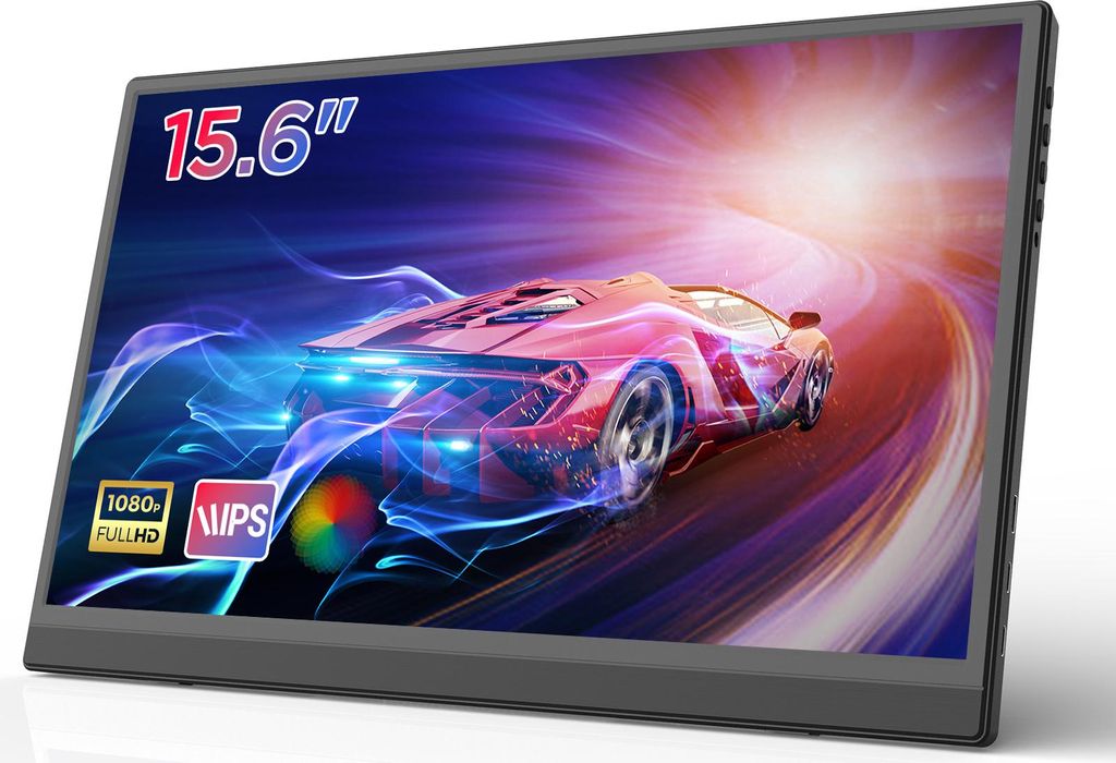 A portable monitor displaying a dynamic image of a sports car.