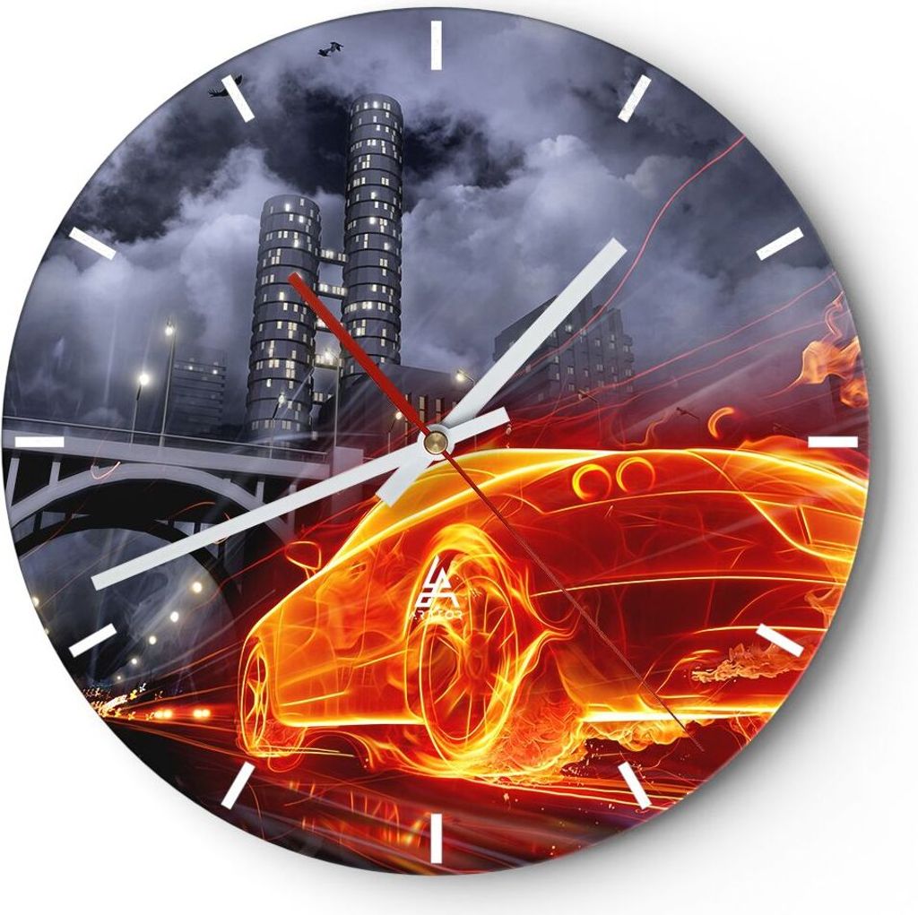 Wanduhr - Rund - Glasuhr - Auto Flammen Räder - 40x40cm - Schleichendes Uhrwerk - Lautlos - zum Aufhängen bereit - Dekoration Modern - Wanddekora...