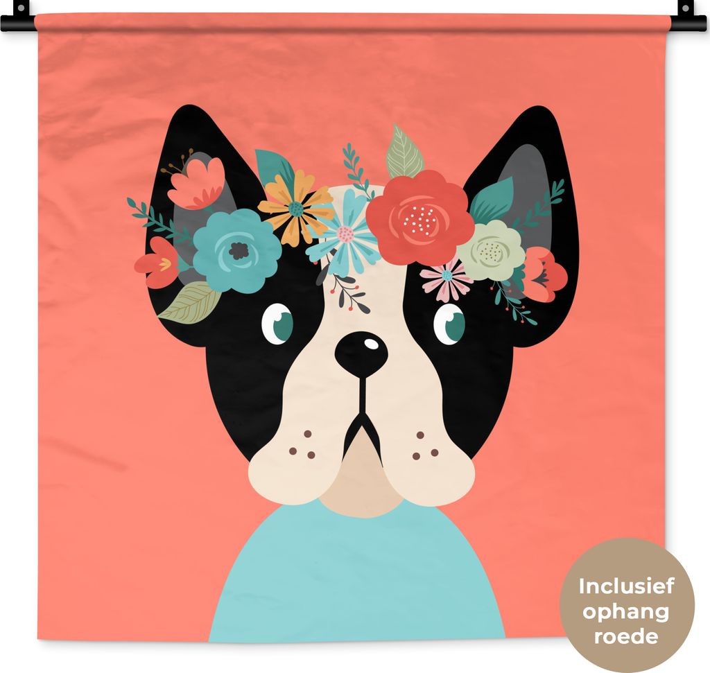 MuchoWow Wandteppich Wandbehang Hund - Blumen - Rosa 60x60 cm Tapisserie Dekoration Wandtuch - Dekorationen - Wand Decke