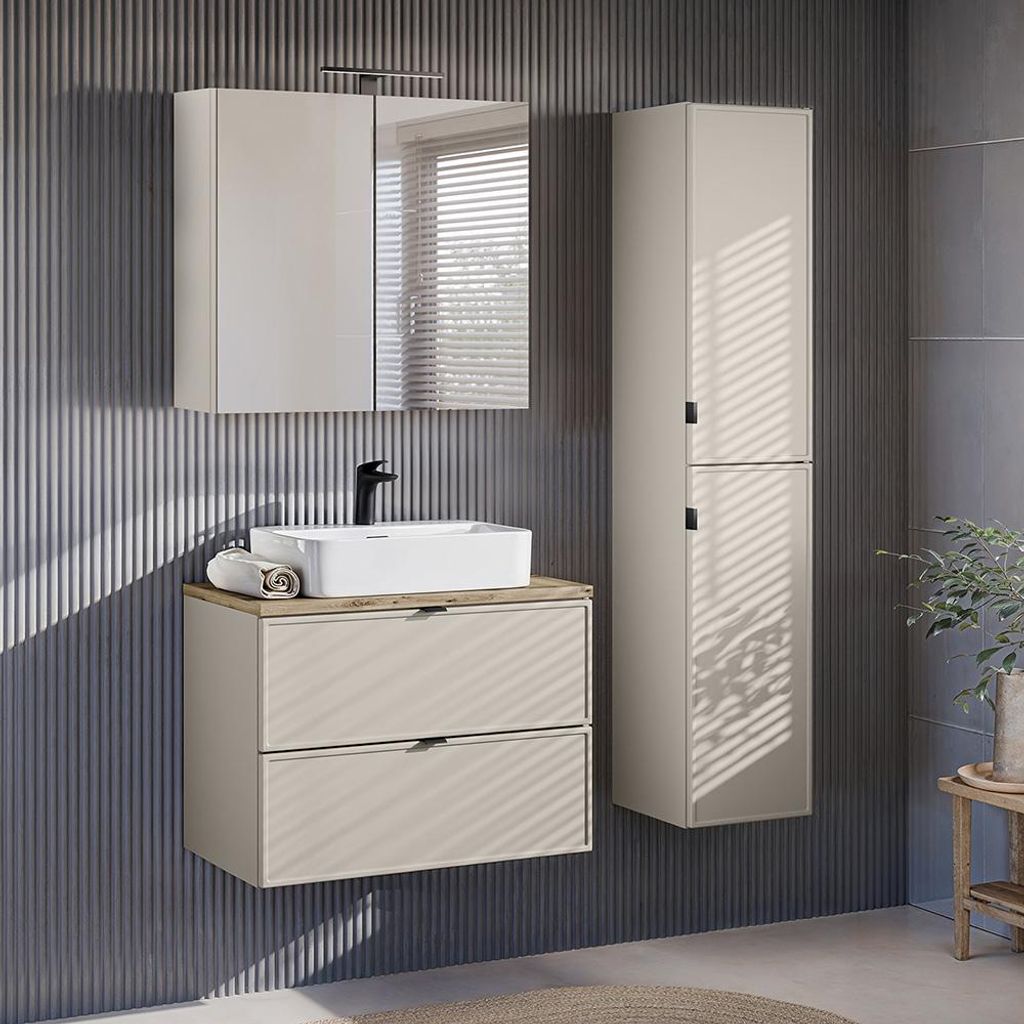 Badmöbel Set 3-teilig mit Waschtisch 80 cm & Spiegelschrank mit Beleuchtung in Kaschmir & Eiche - BIBIONE-56