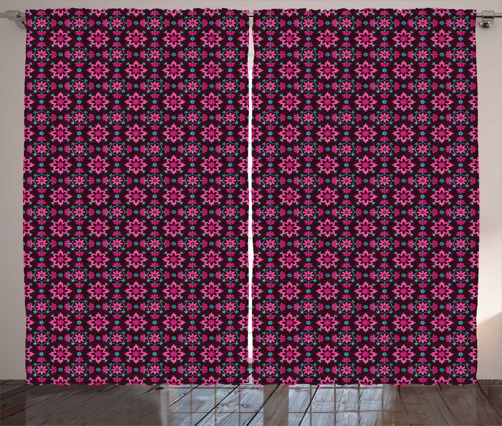 ABAKUHAUS Blumen Rustikaler Gardine, Boho Botanik Laub, Schlafzimmer Kräuselband Vorhang mit Schlaufen und Haken, 280 x 245 cm, Burgund Magenta Teal