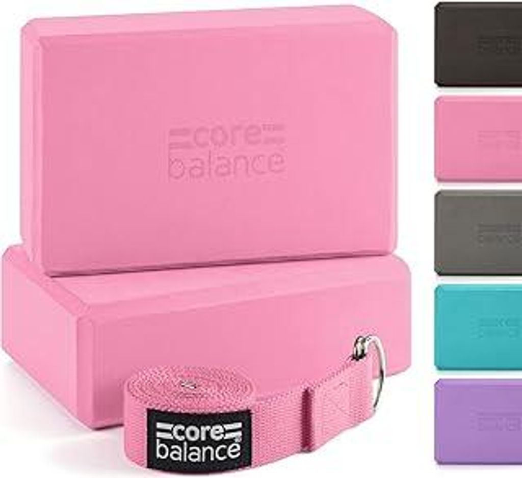 Core Balance Yoga Blocks im Doppelpack & GRATIS Yoga-Gurt, 2 STK. Eva Schaumstoff-Blöcke, robust & leicht, Riemen aus Baumwolle mit innovativem D-...