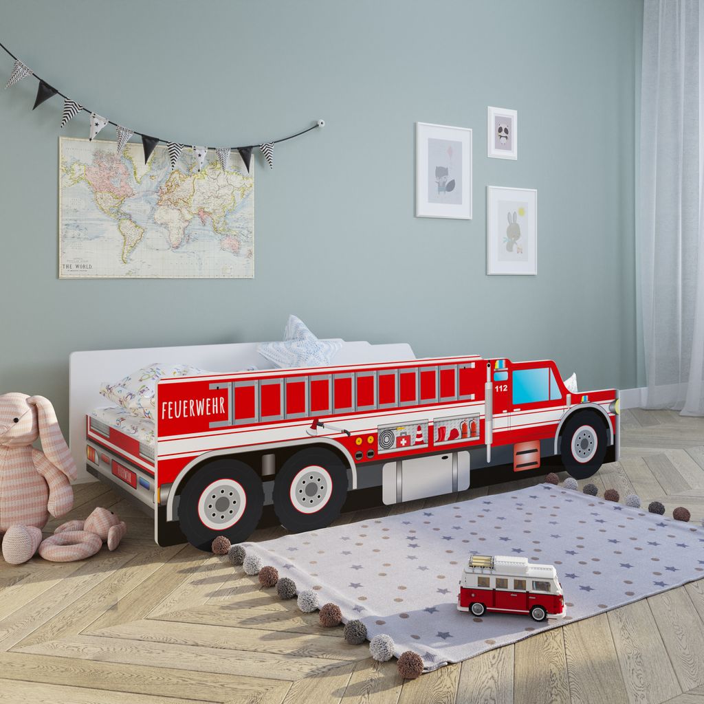 ACMA Kinderbett Auto-Bett Feuerwehr mit Rausfallschutz Lattenrost und Matratze 