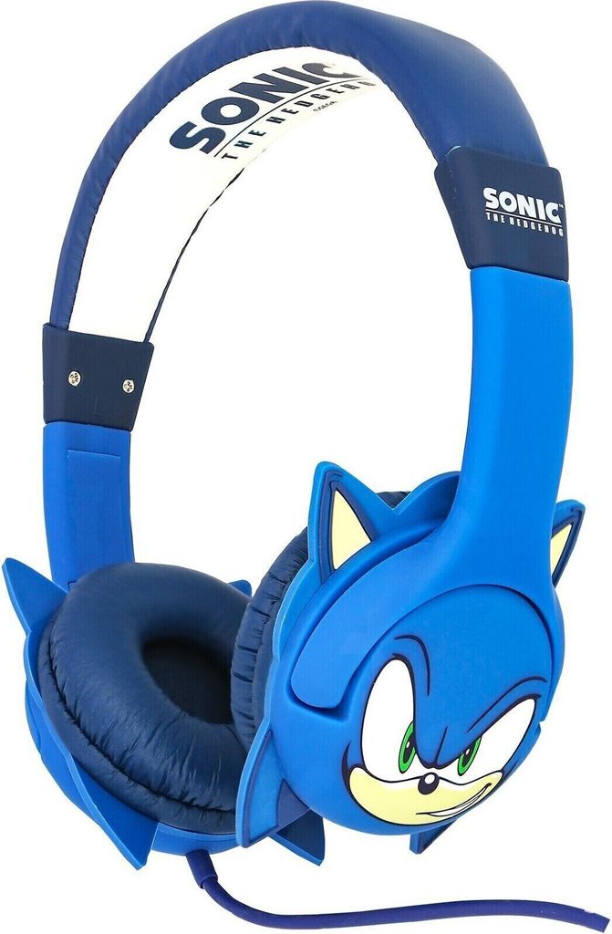 A pair of blue Sonic the Hedgehog themed headphones for children, shown against a white background.