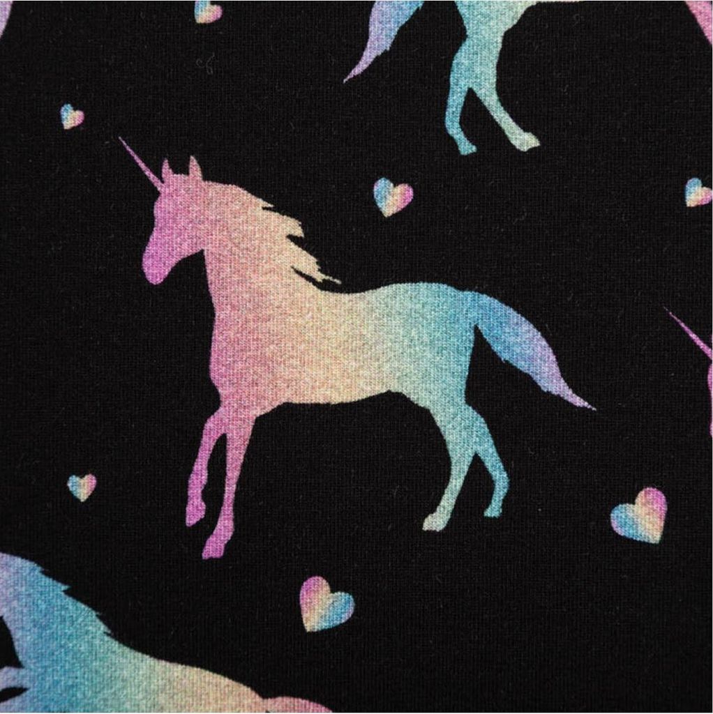 Jerseystoff Meterware Baumwolljersey Digitaldruck Einhorn schwarz 1,4m