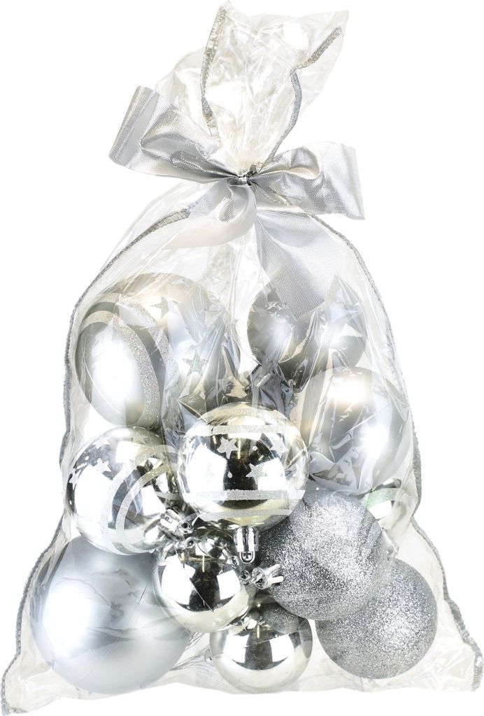 Weihnachtskugeln im Beutel, sortiert, silber, 14 Stück