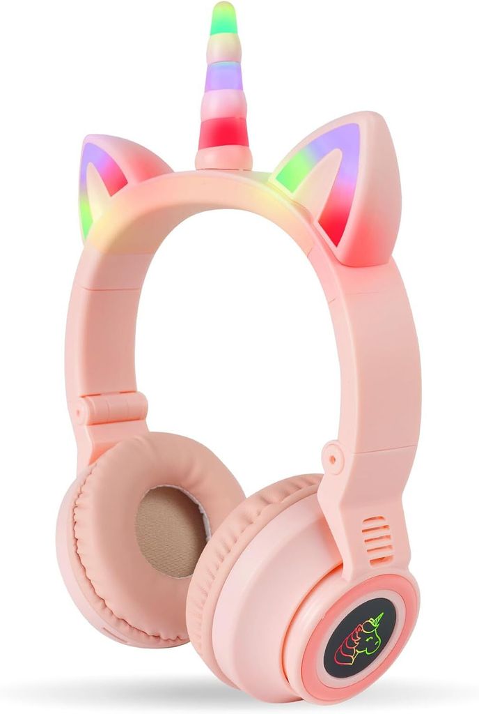 Kopfhörer Kinder, 5.0 Bluetooth Kinderkopfhörer, Ausgestattet mit EIN-Knopf-Bass-Boost, Stereo Kopfhörer Kabellose mit LED-licht, Mädchen Katze...