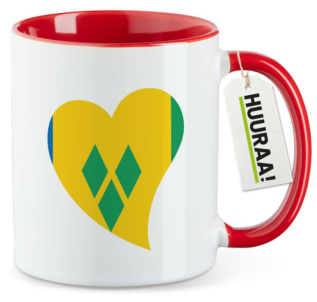 Huuraa Kaffeetasse St. Vincent und die Grenadinen Flagge Herz 330ml Rot Keramik Kaffeebecher Geschenkidee