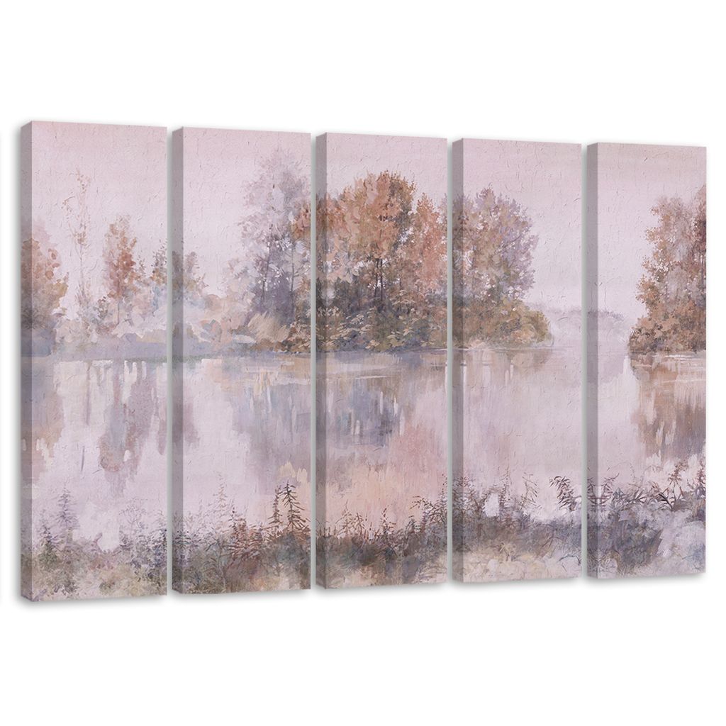 5-teiliges leinwandbild blick auf den see 200x100 cm Feeby beige wandbild bereit zum aufhängen