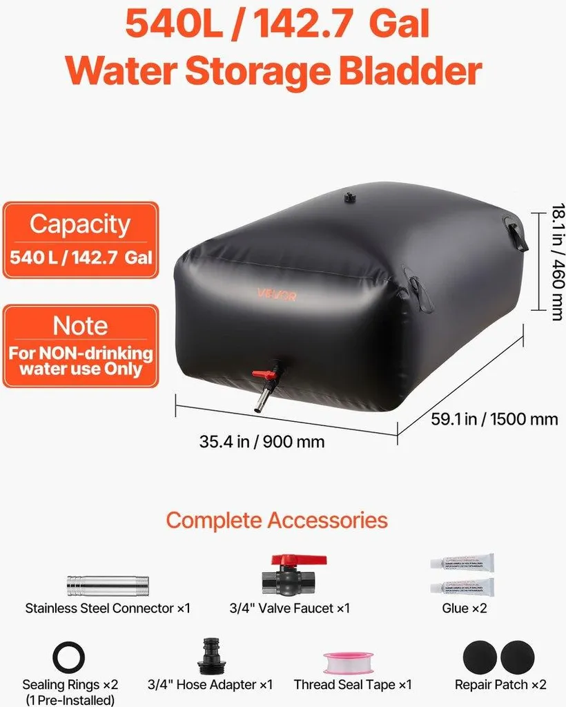 Serbatoio per acqua 540L Sacca per acqua di grande capacità, contenitore per acqua morbido, portatile e pieghevole, serbatoio di emergenza in PVC a tenuta stagna e resistente agli strappi per camper, camion e uso all'aperto - 2