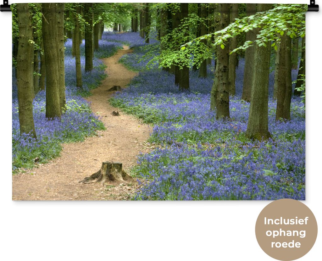 MuchoWow Wandteppich Wandbehang Wald - Weg - Blumen - Blau 90x60 cm Tapisserie Dekoration Wandtuch - Wandskulpturen - Bildteppich